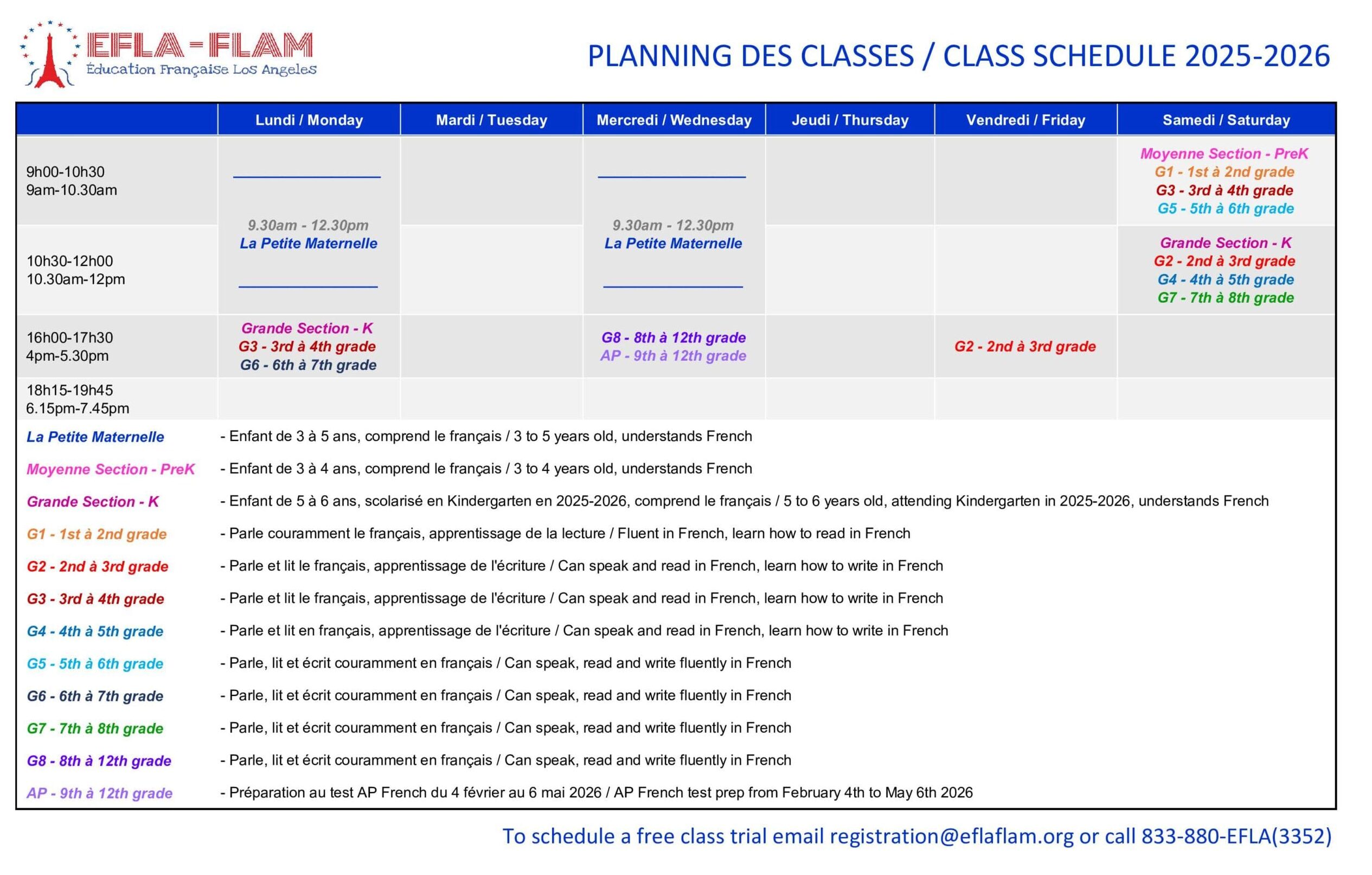 EFLA Grille des classes 2025-2026